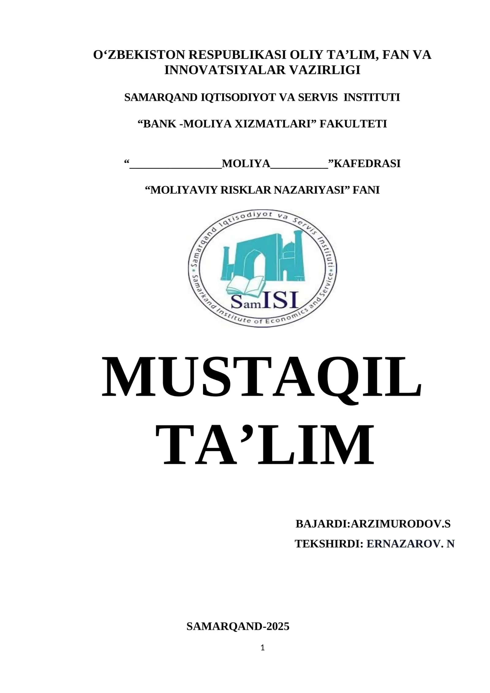 Moliyaviy risklarni baholash usullari 1