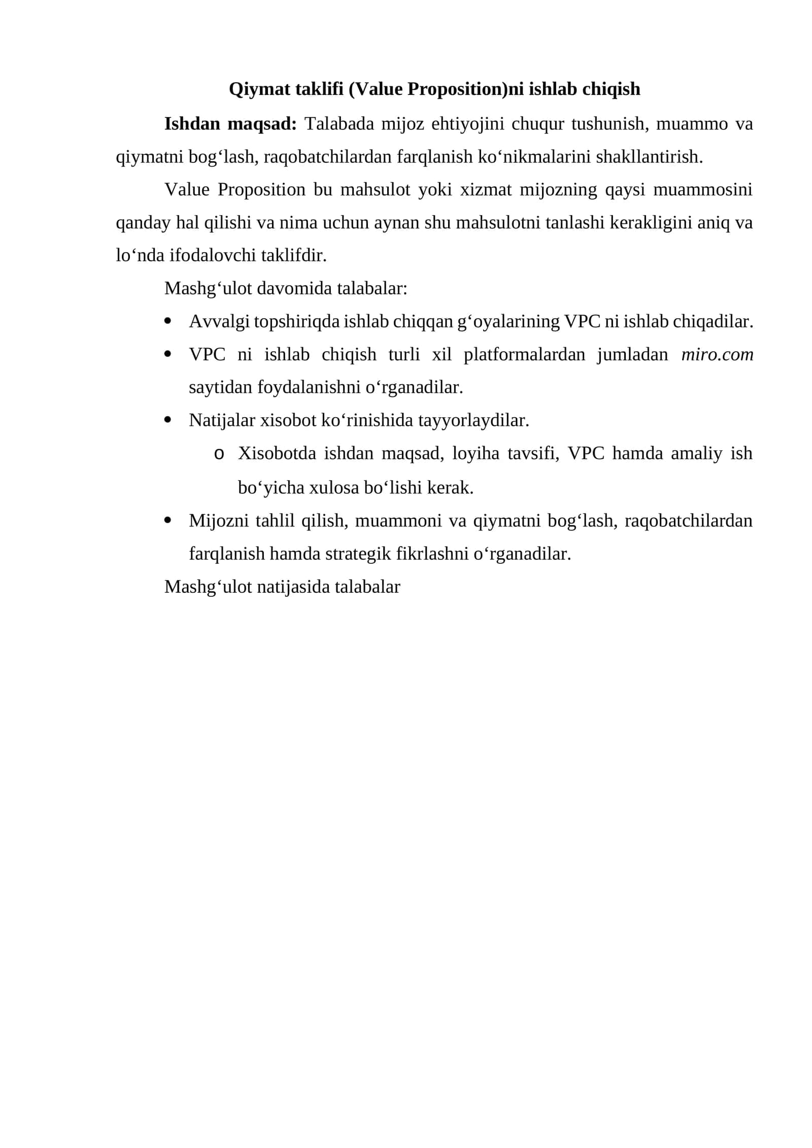 Qiymat taklifi (Value Proposition)ni ishlab chiqish 1