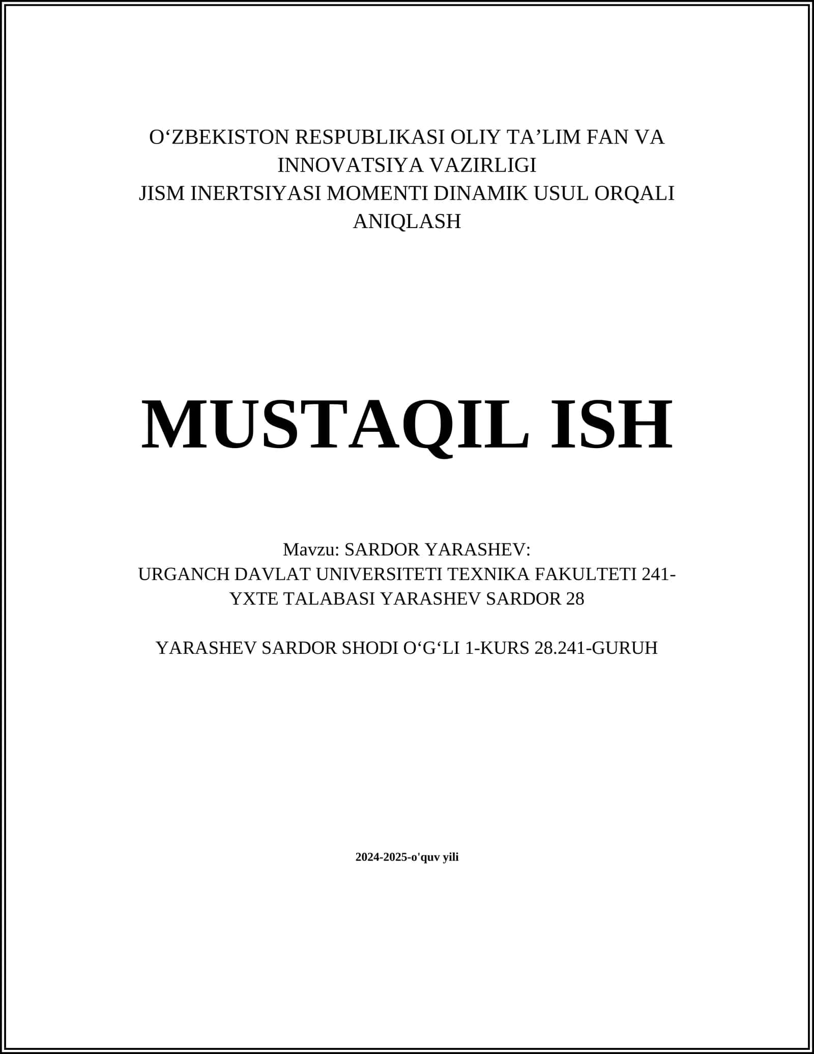 JISM INERTSIYASI MOMENTI DINAMIK USUL ORQALI ANIQLASH 1