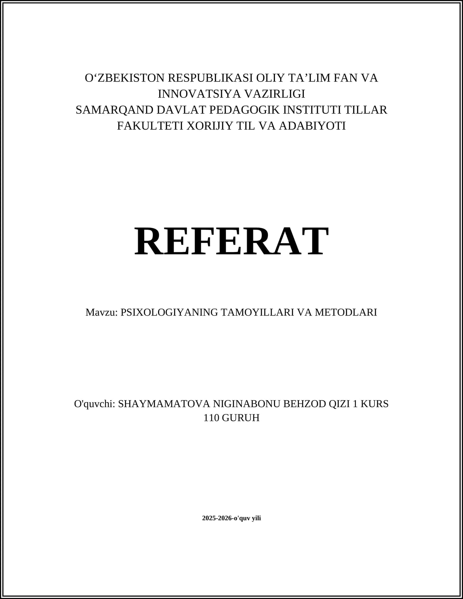 PSIXOLOGIYANING TAMOYILLARI VA METODLARI 1