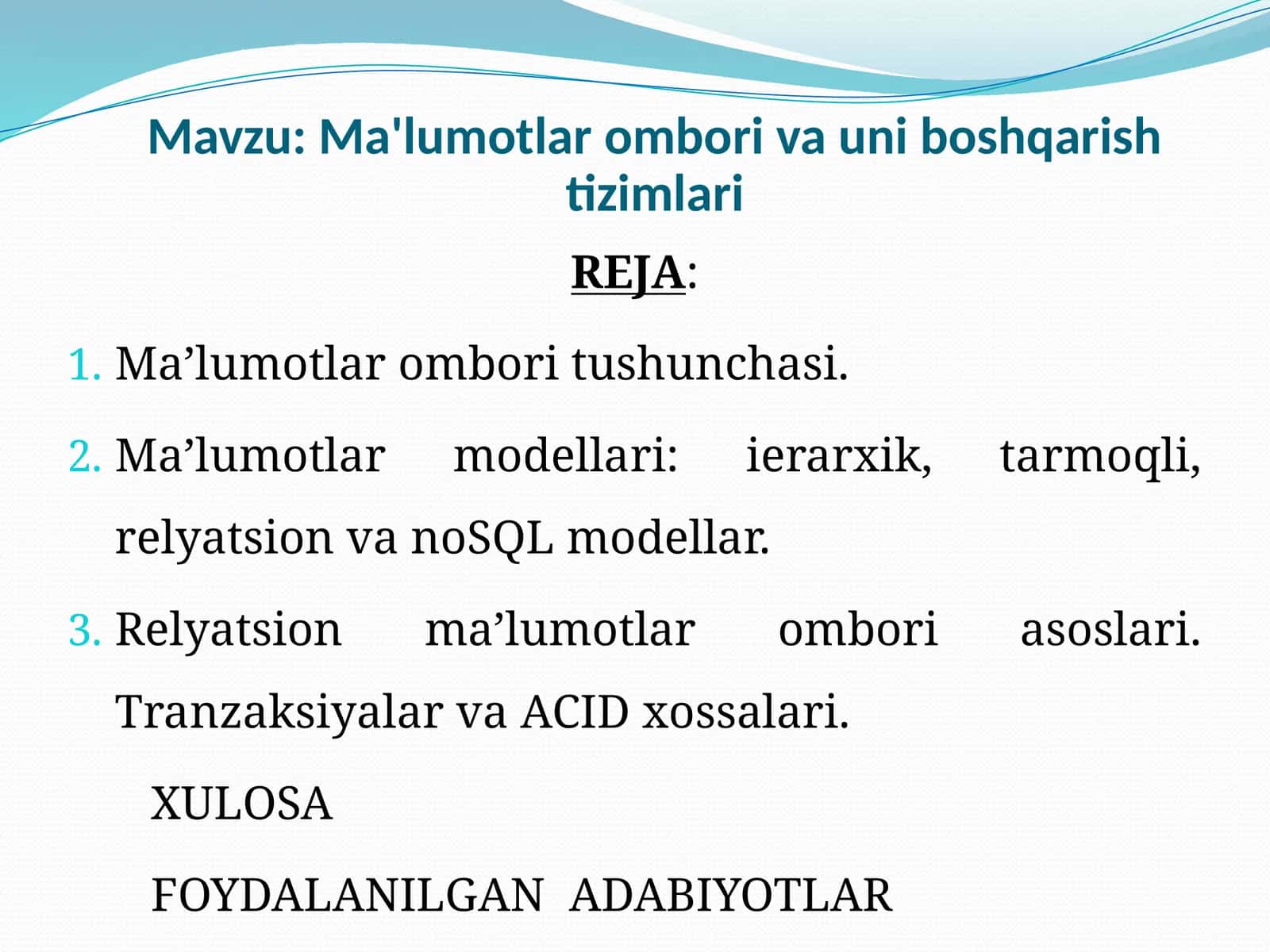 Ma'lumotlar ombori va uni boshqarish tizimlari 1