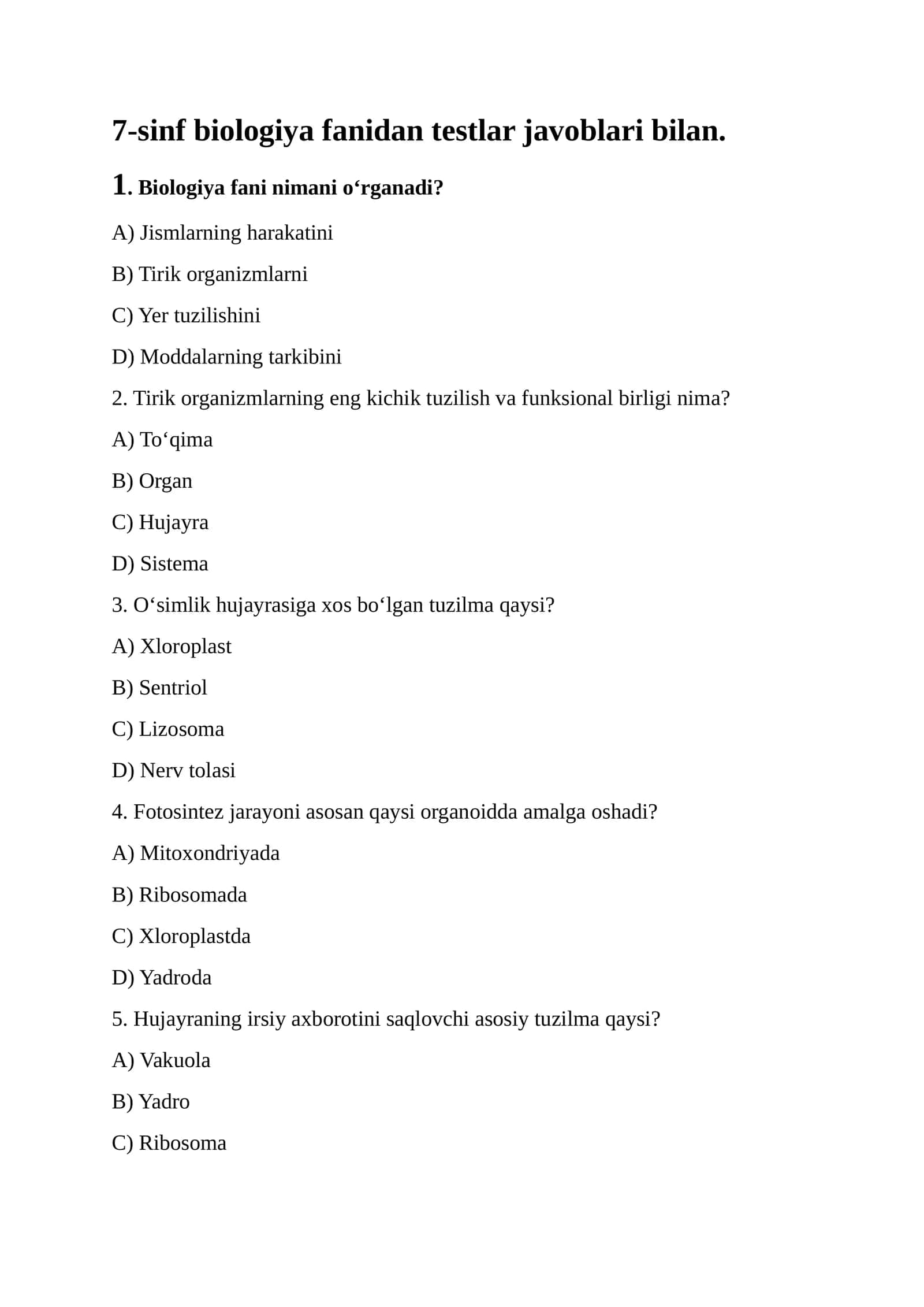 7-sinf Biologiya Testlar Javoblari bilan 1