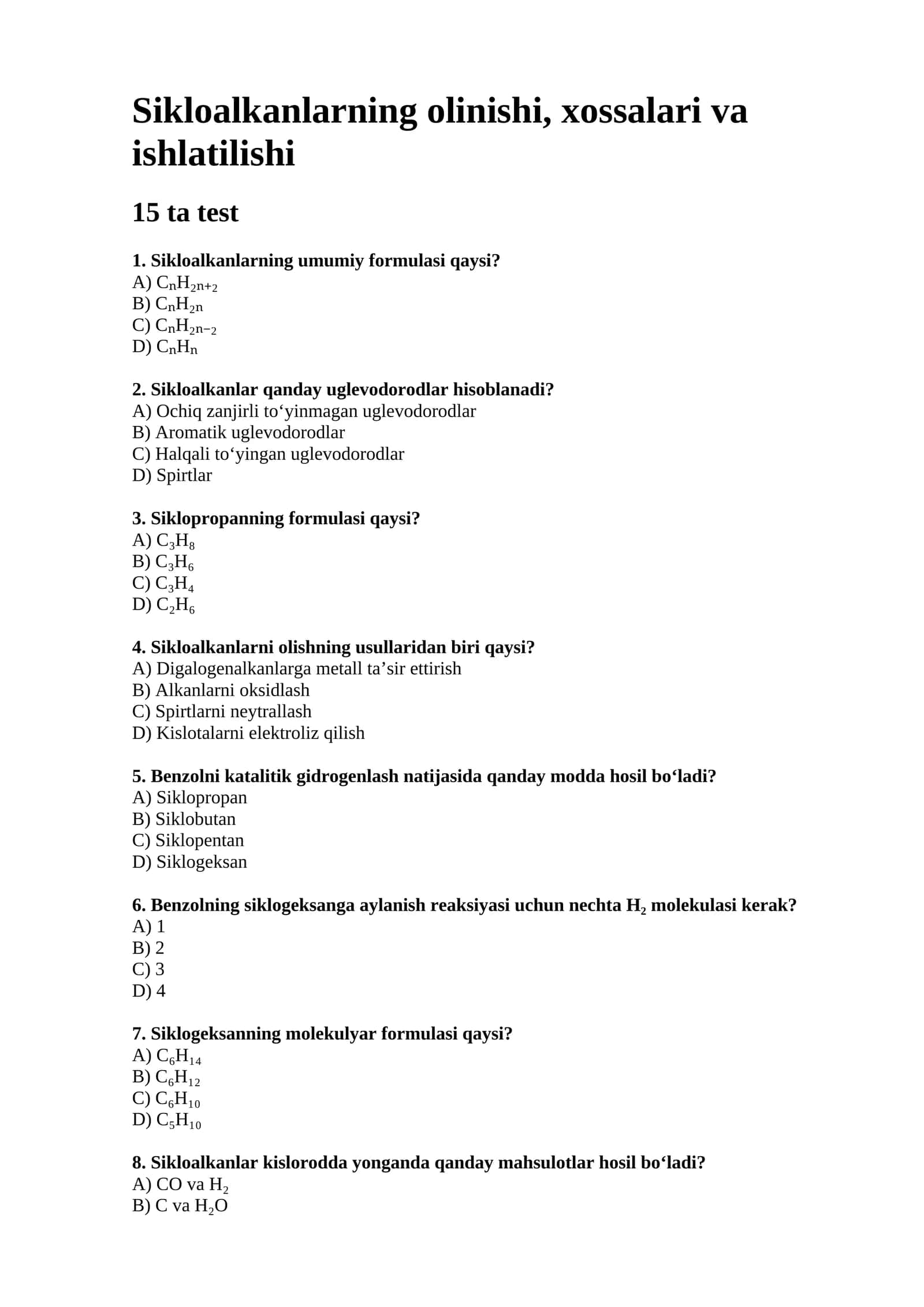 Sikloalkanlarning olinishi, xossalari va ishlatilishi 1