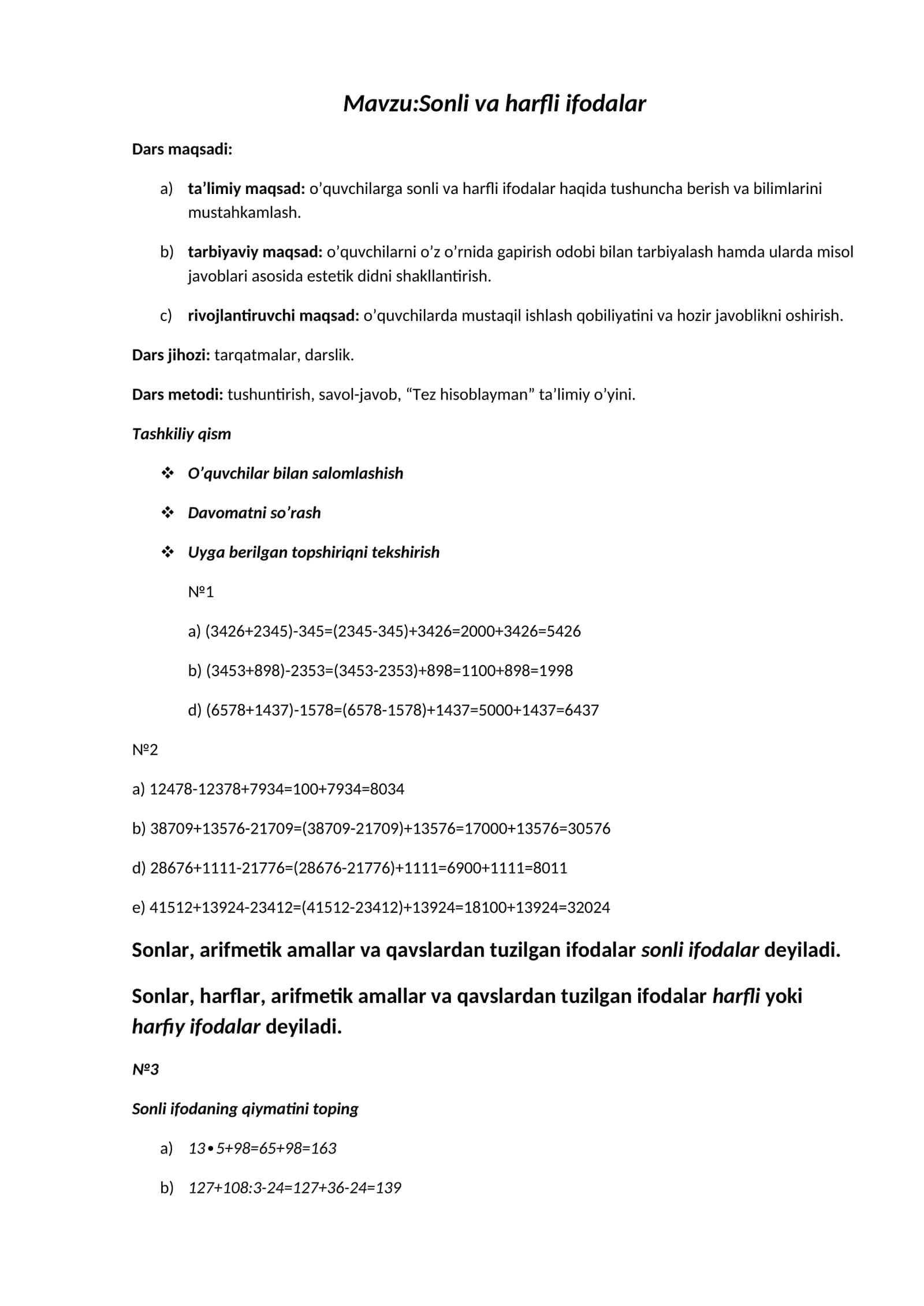 Sonli va harfli ifodalar 1