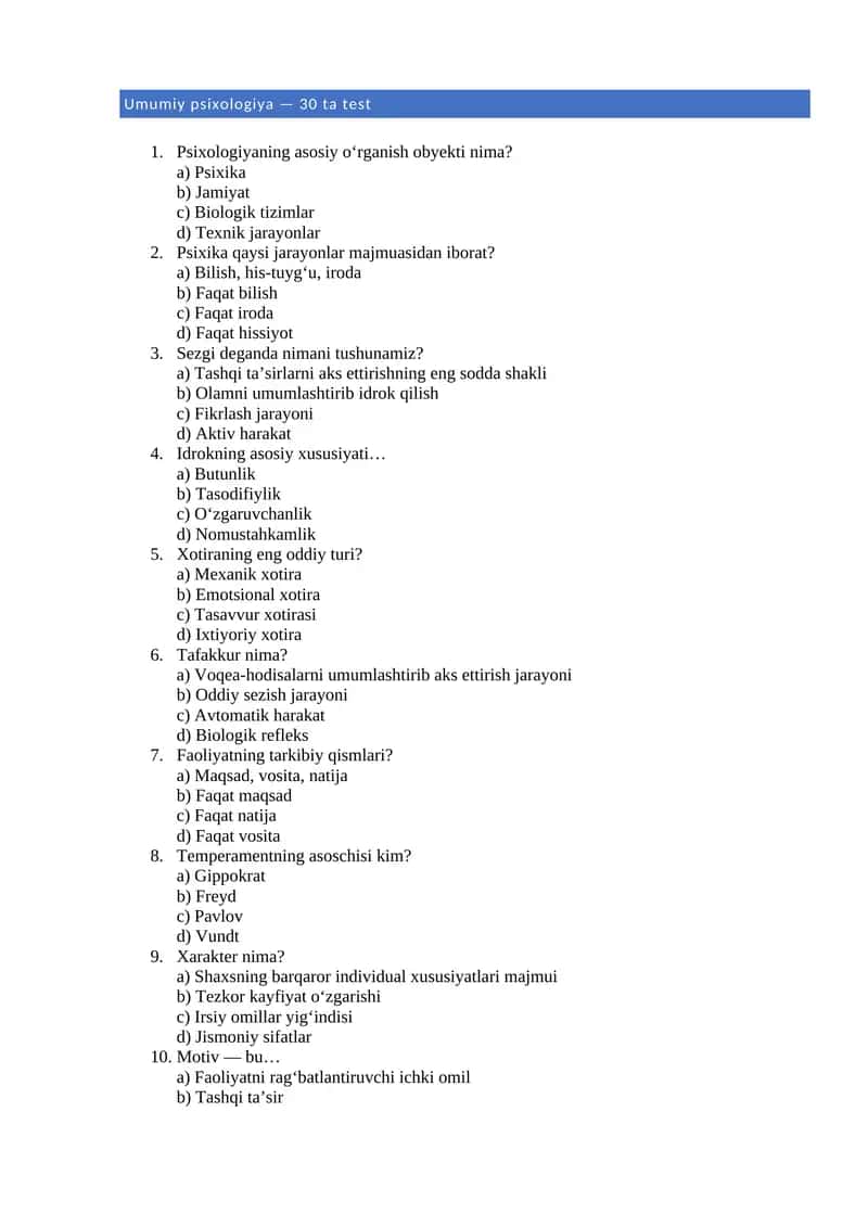 Umumiy psixologiya — 30 ta test 1