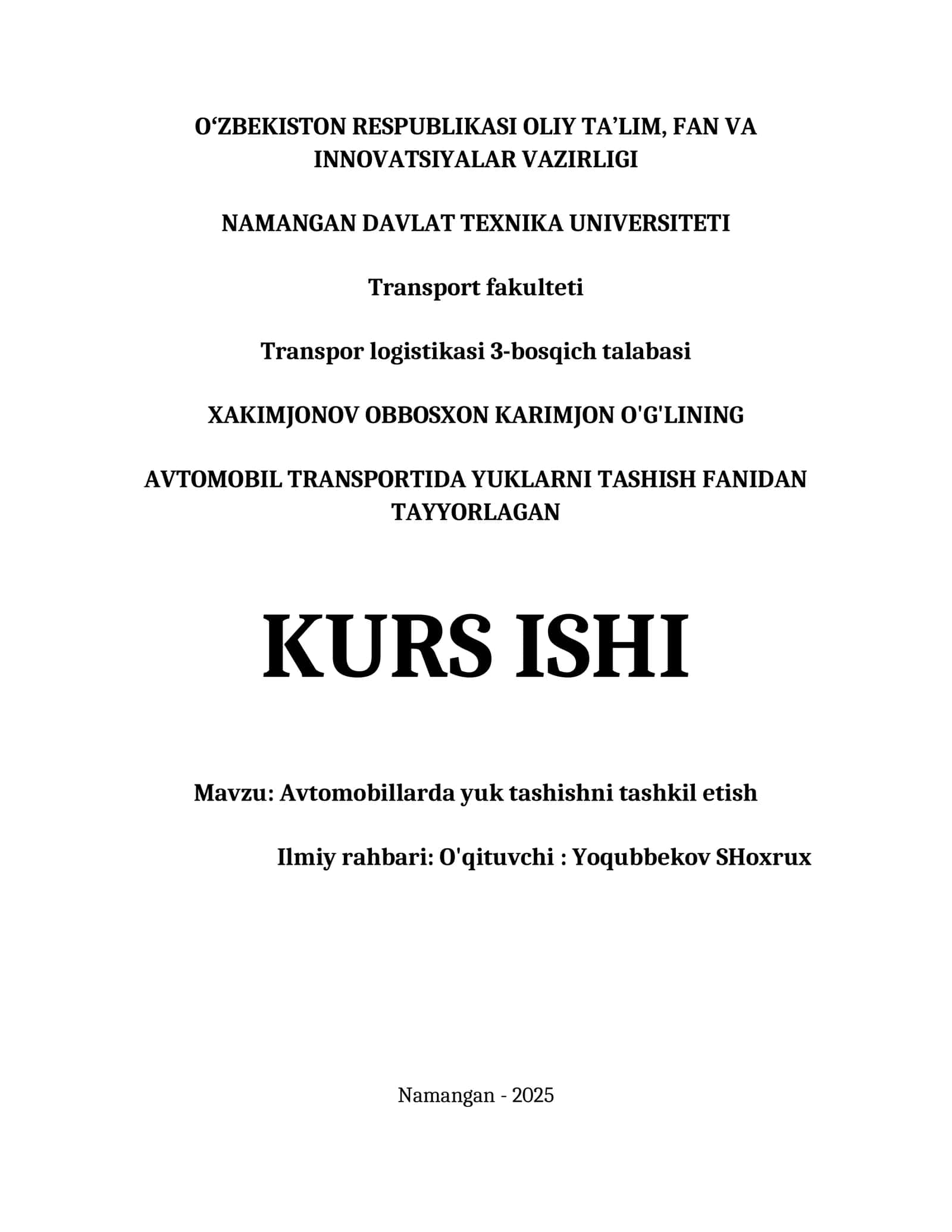 AVTOMOBILLARDA YUK TASHISHNI TASHKIL ETISH KURS ISHI 1