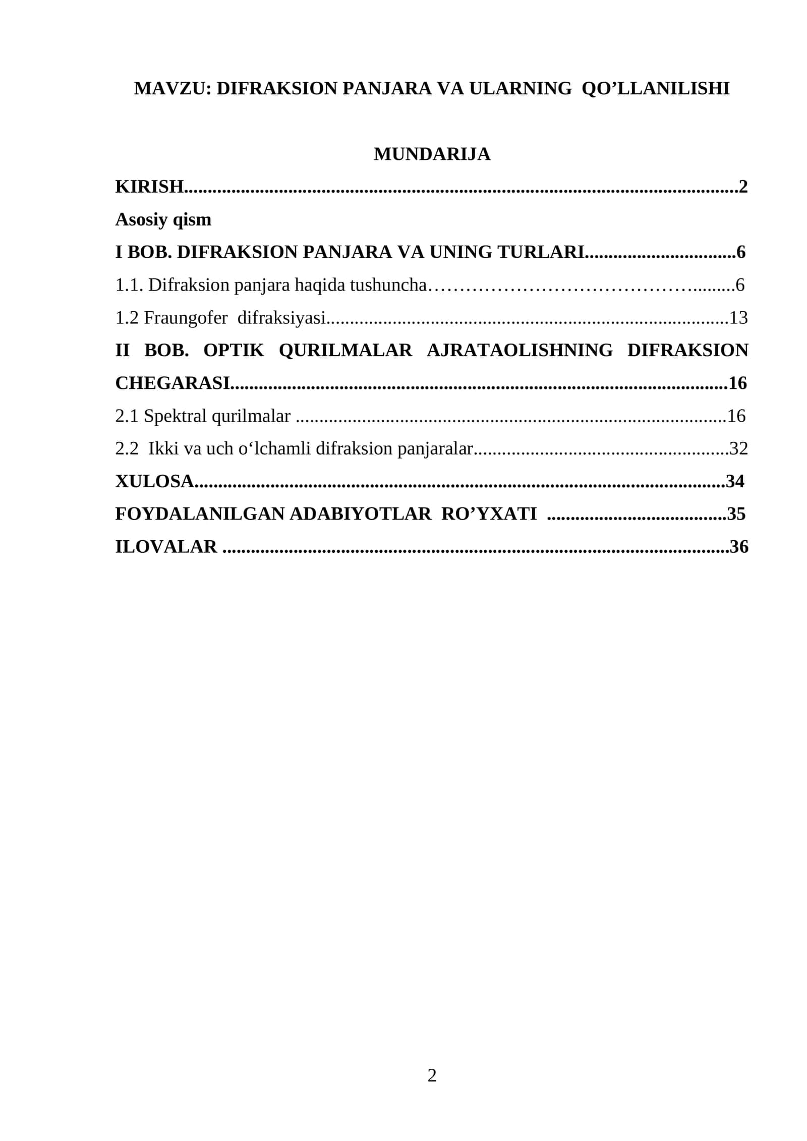 DIFRAKSION PANJARA VA ULARNING QO’LLANILISHI 1
