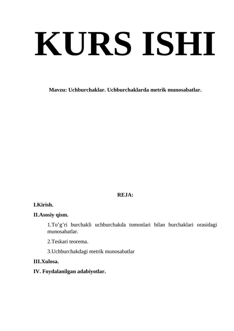 Uchburchaklar. Uchburchaklarda metrik munosabatlar. 1