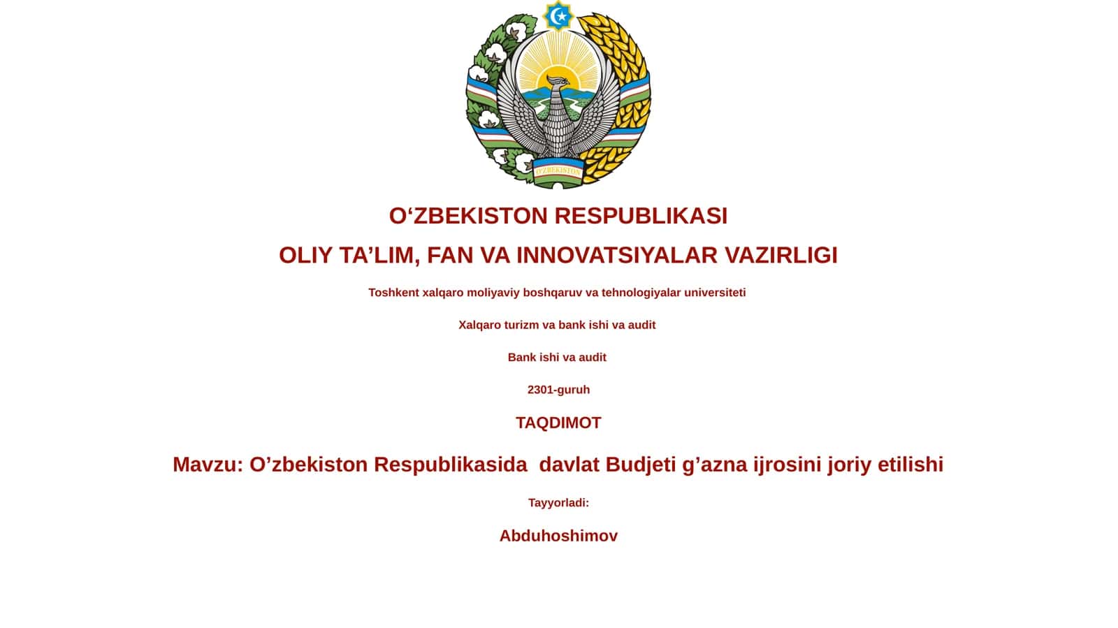 O‘zbekiston Respublikasida davlat Budjeti g’azna ijrosini joriy etilishi 1