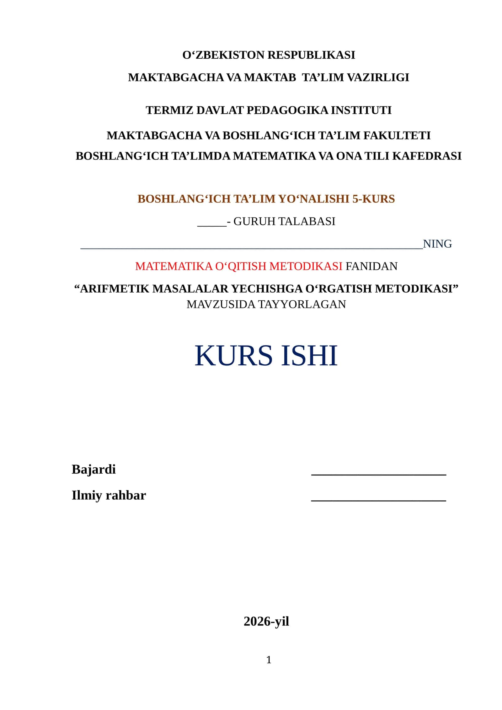 ARIFMETIK MASALALAR YECHISHGA O‘RGATISH METODIKASI 1