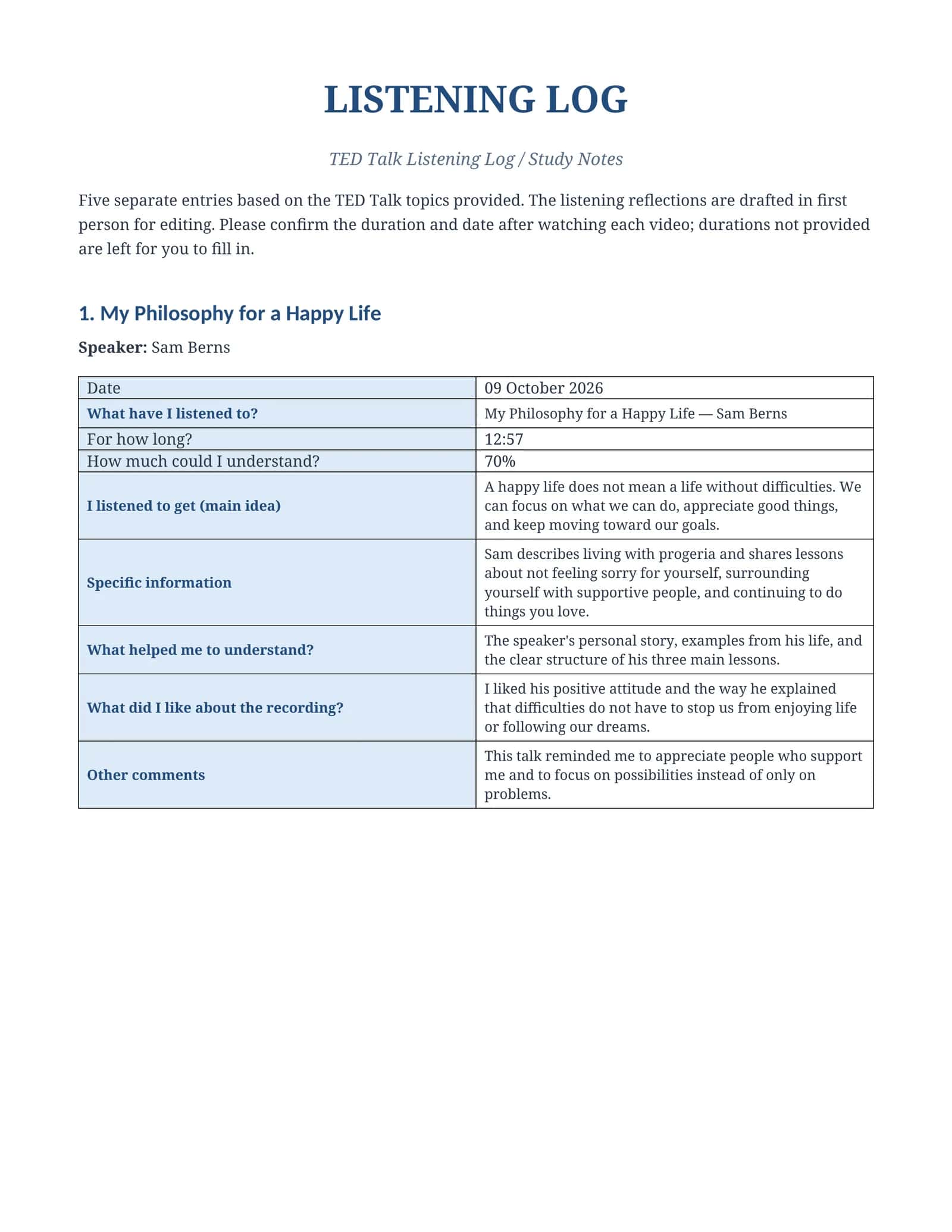 TED Talk Listening Log / Study Notes 1