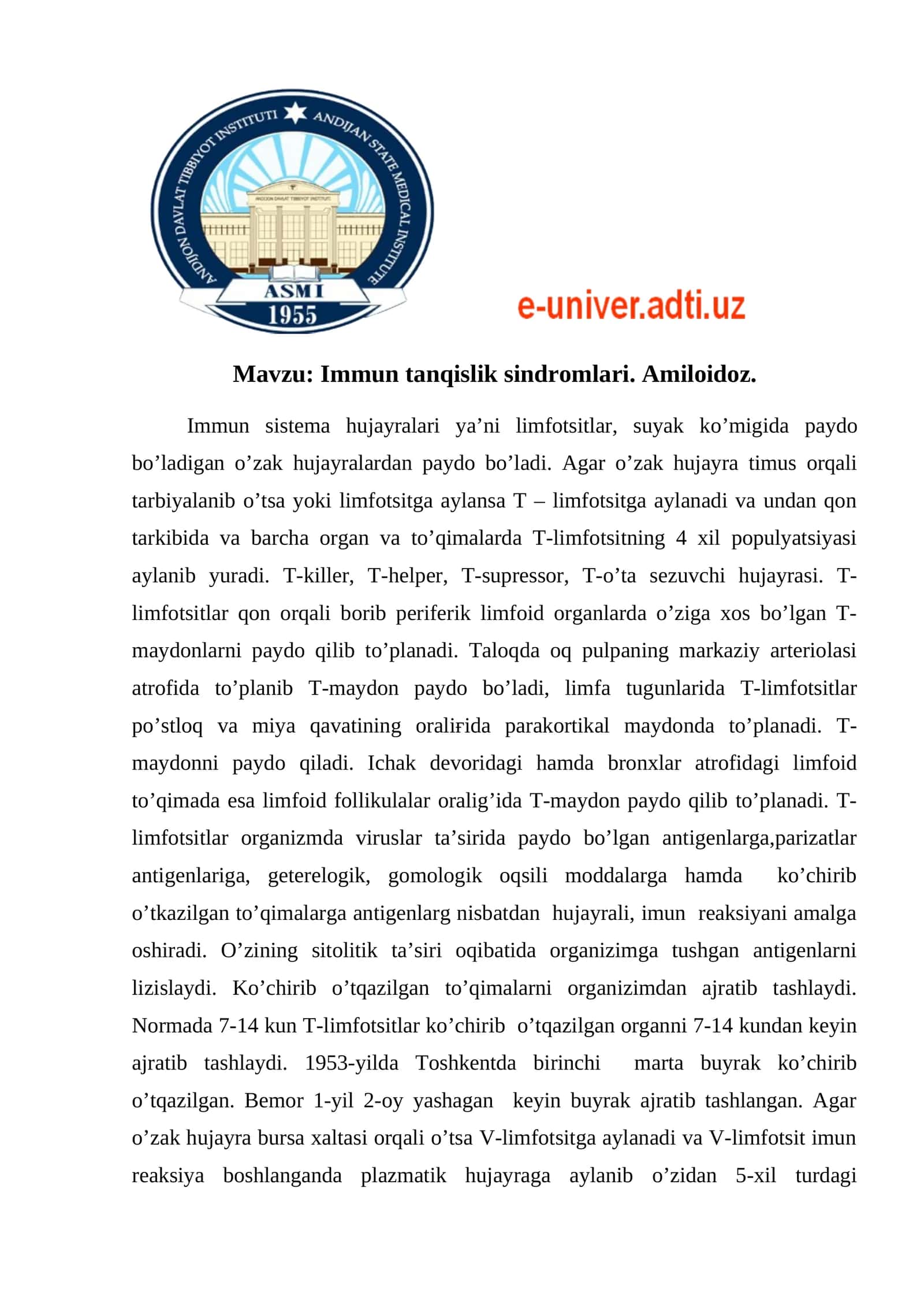 Immun tanqislik sindromlari. Amiloidoz 1