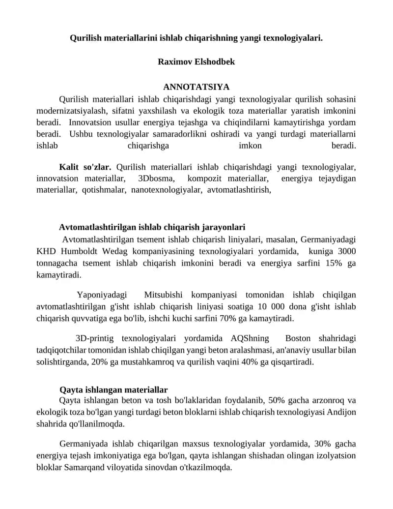 Qurilish materiallari ishlab chiqarishning yangi texnologiyalari 1