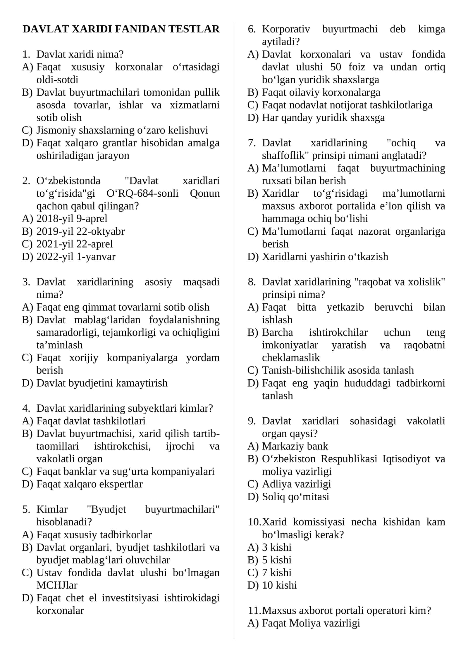 DAVLAT XARIDI FANIDAN TESTLAR 1