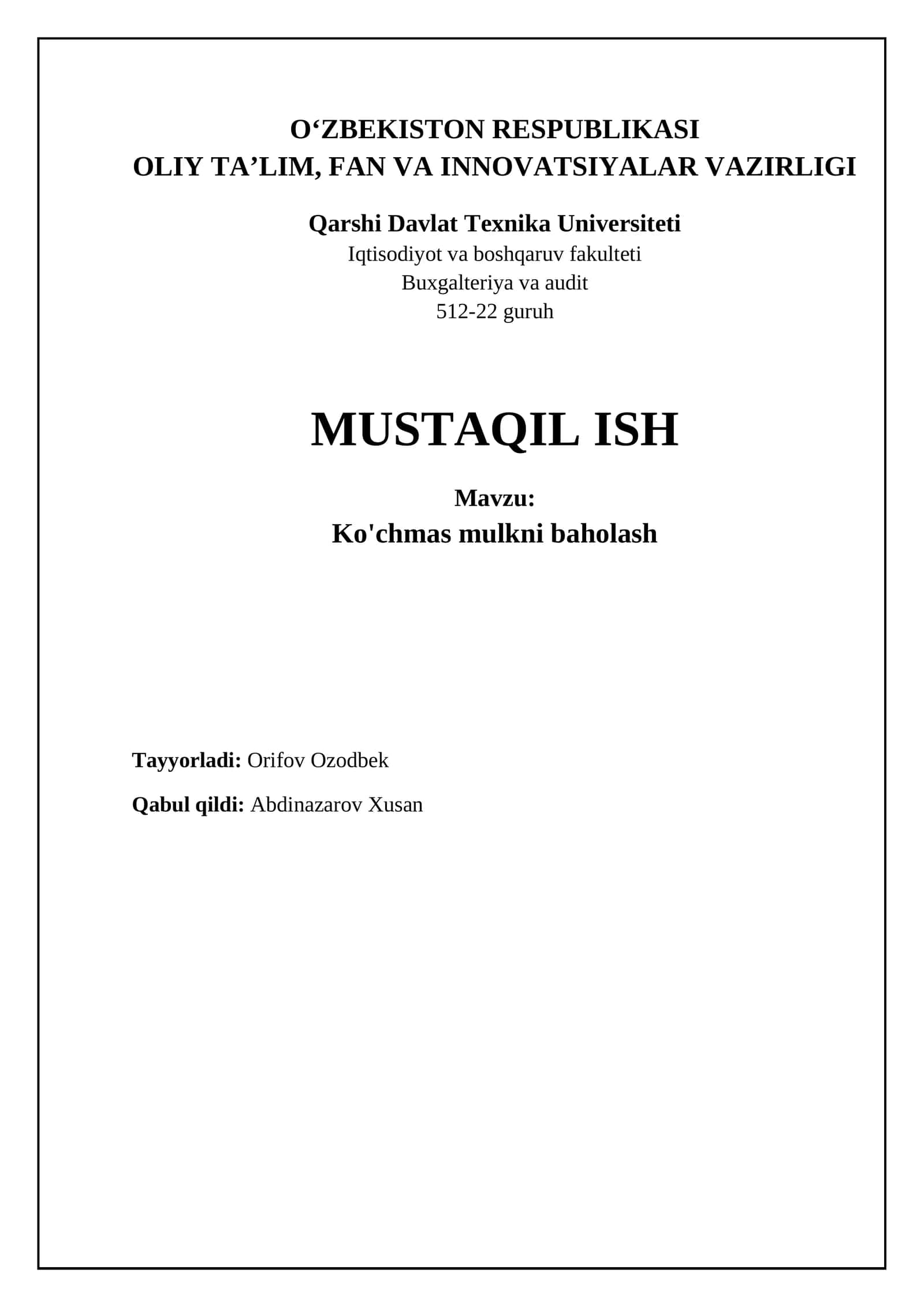 Ko'chmas mulkni baholash 1