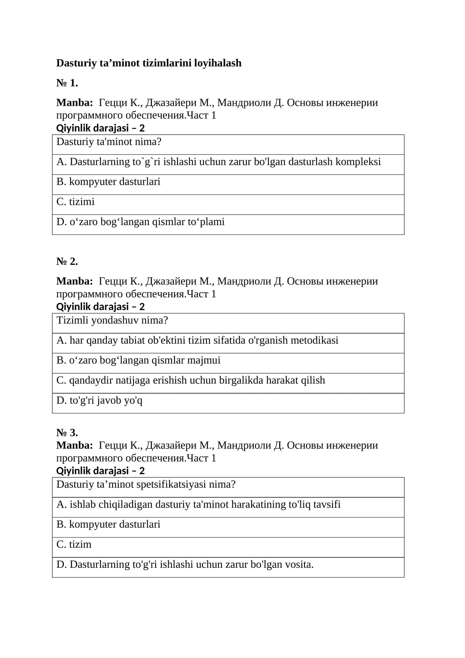 Dasturiy ta’minot tizimlarini loyihalash 1