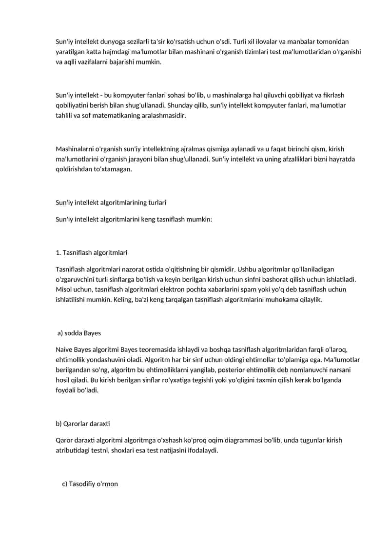Sun'iy intellekt algoritmlarining turlari 1