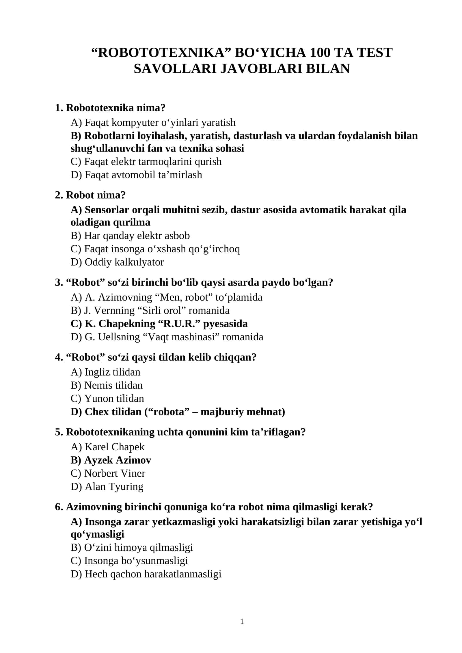 Robototexnika fanidan 100 ta test savollari javoblari bilan 1