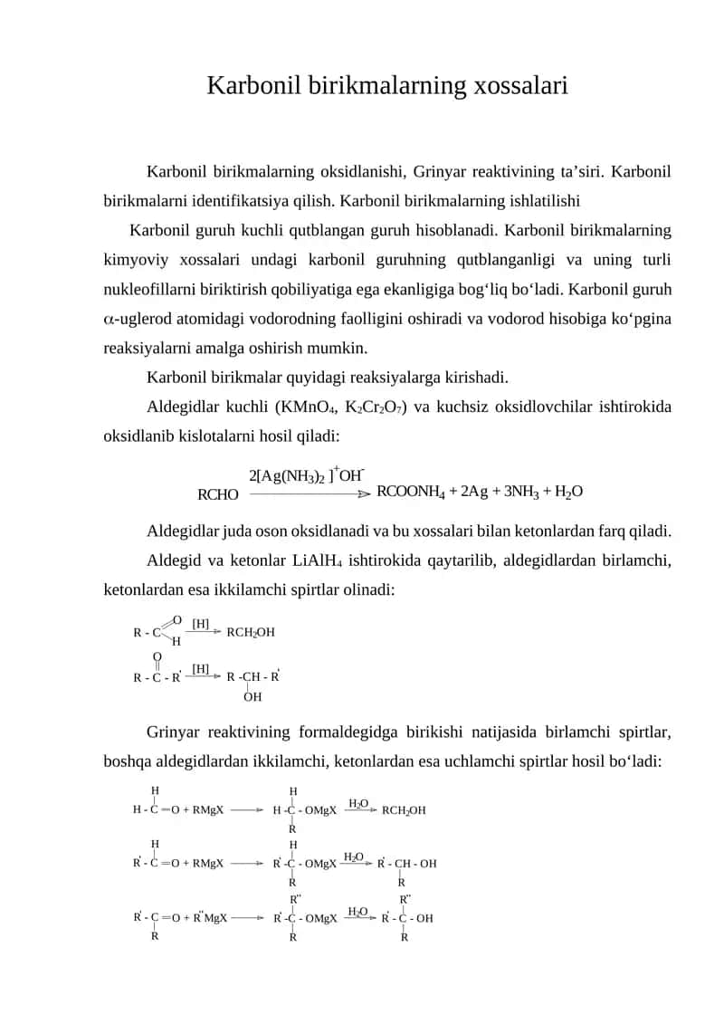 Karbonil birikmalarning xossalari 1