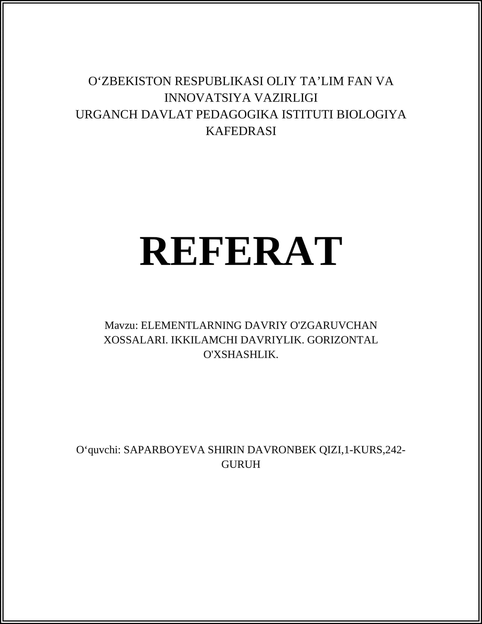 ELEMENTLARNING DAVRIY O'ZGARUVCHAN XOSSALARI 1