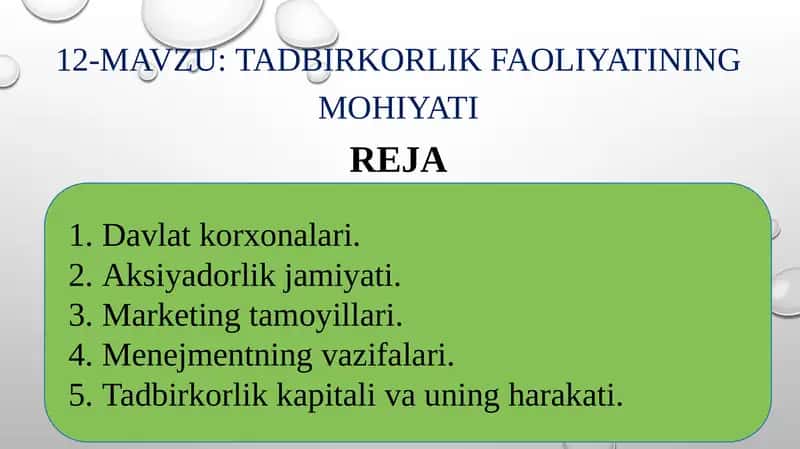 Tadbirkorlik faoliyatining mohiyati 1