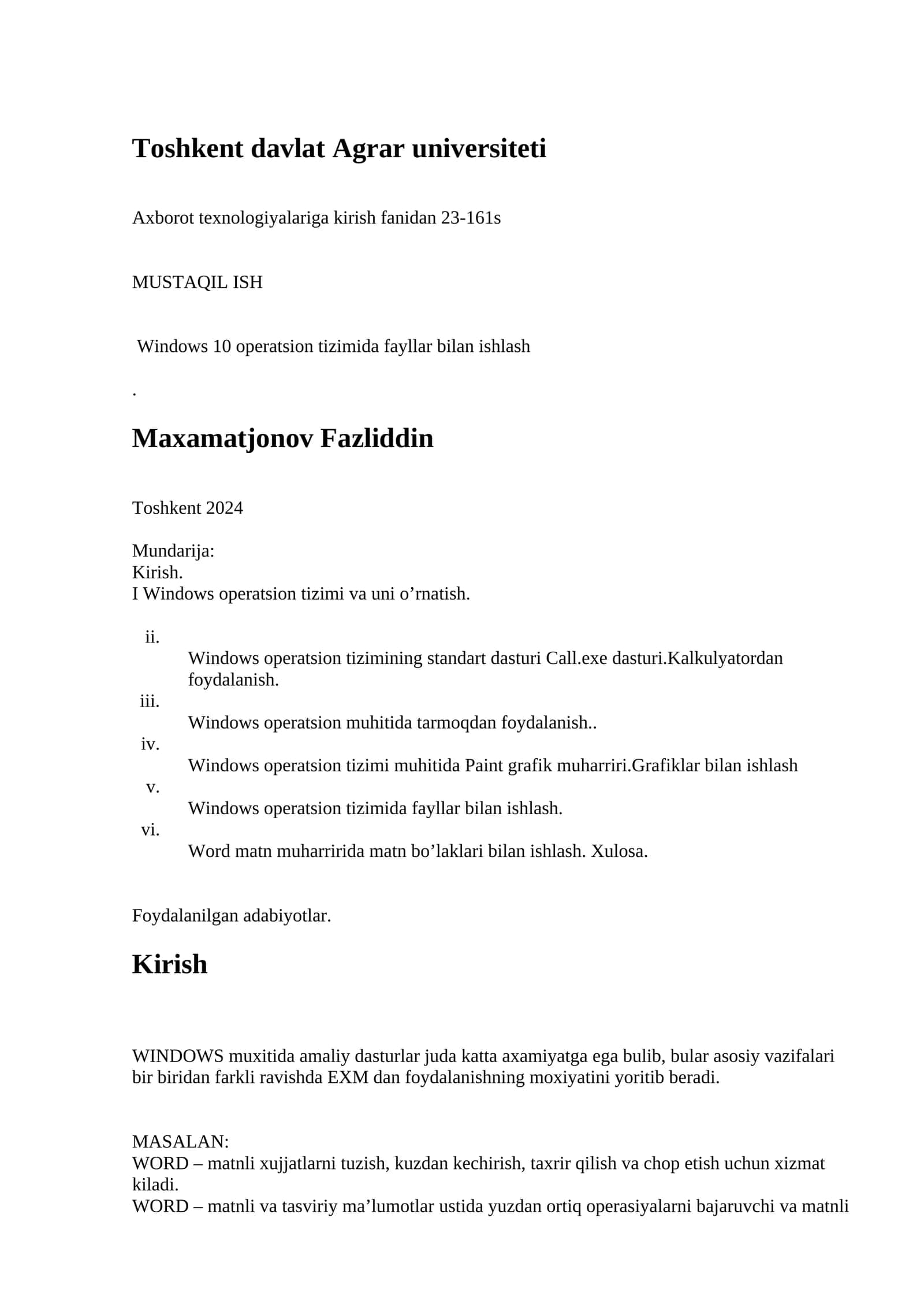 Axborot texnologiyalariga kirish fanidan 23-161s 1