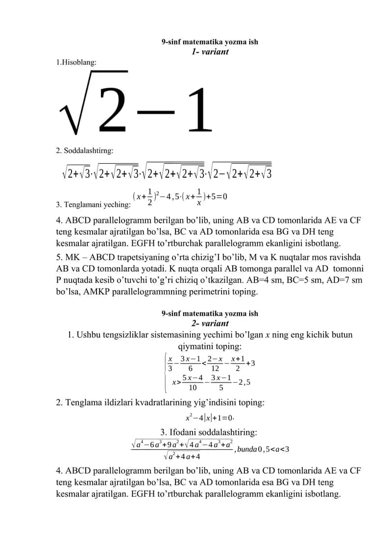 Matematikadan Olimpiada savollari 1