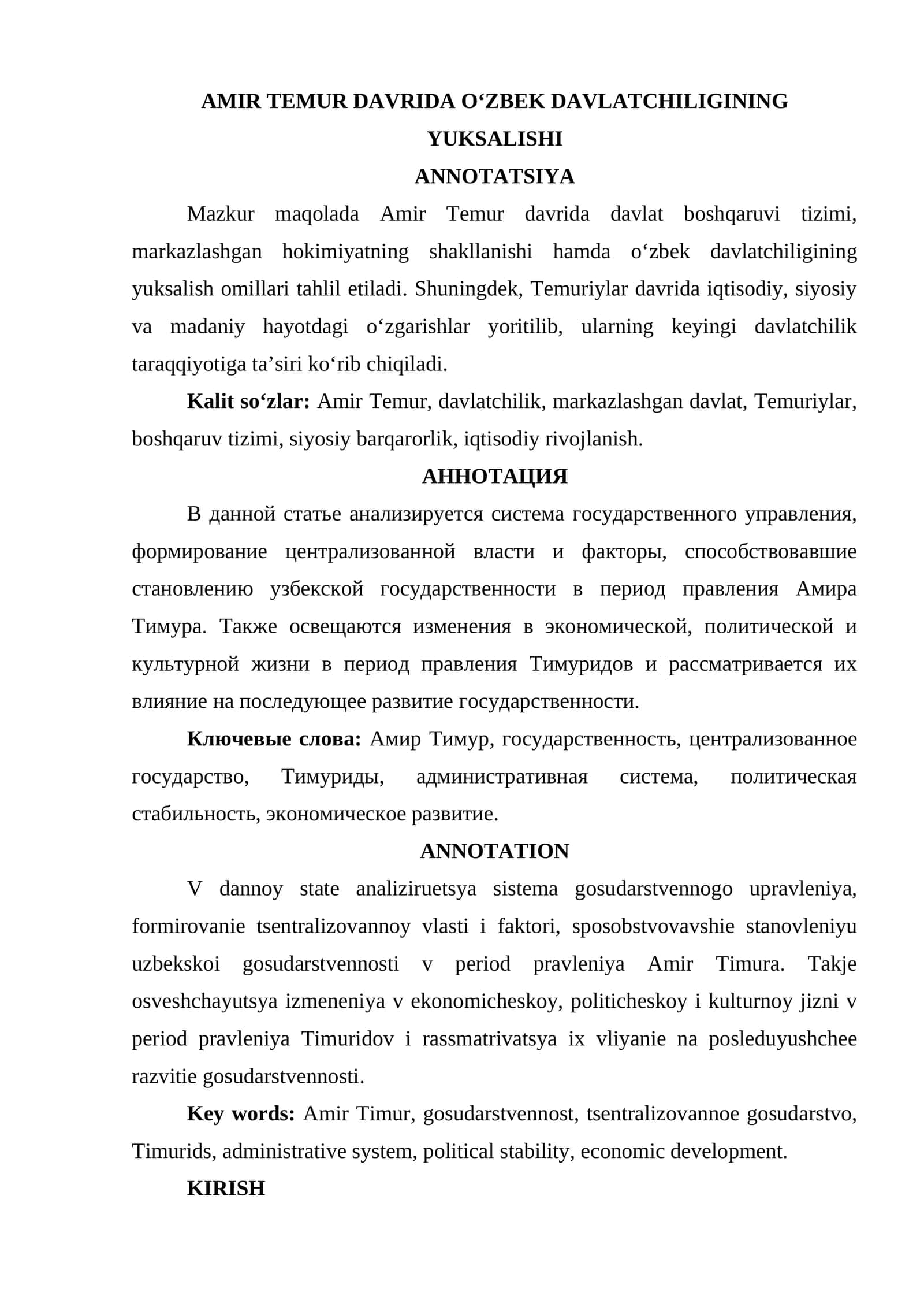 AMIR TEMUR DAVRIDA O‘ZBEK DAVLATCHILIGINING YUKSALISHI 1