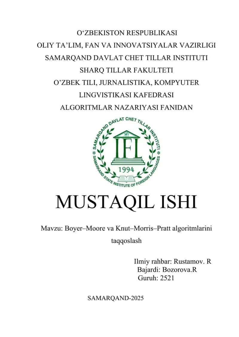 Boyer–Moore va Knut–Morris–Pratt algoritmlarini taqqoslash   mustaqil ish 1
