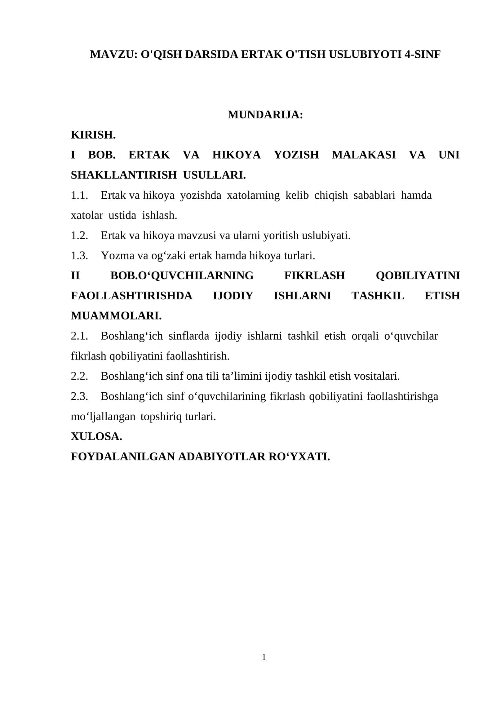 O'qish darsida ertak o'tish uslubiyoti 4-sinf 1