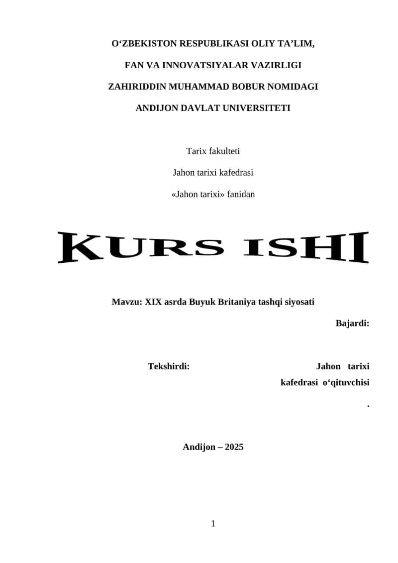 XIX asrda Buyuk Britaniya tashqi siyosati 1