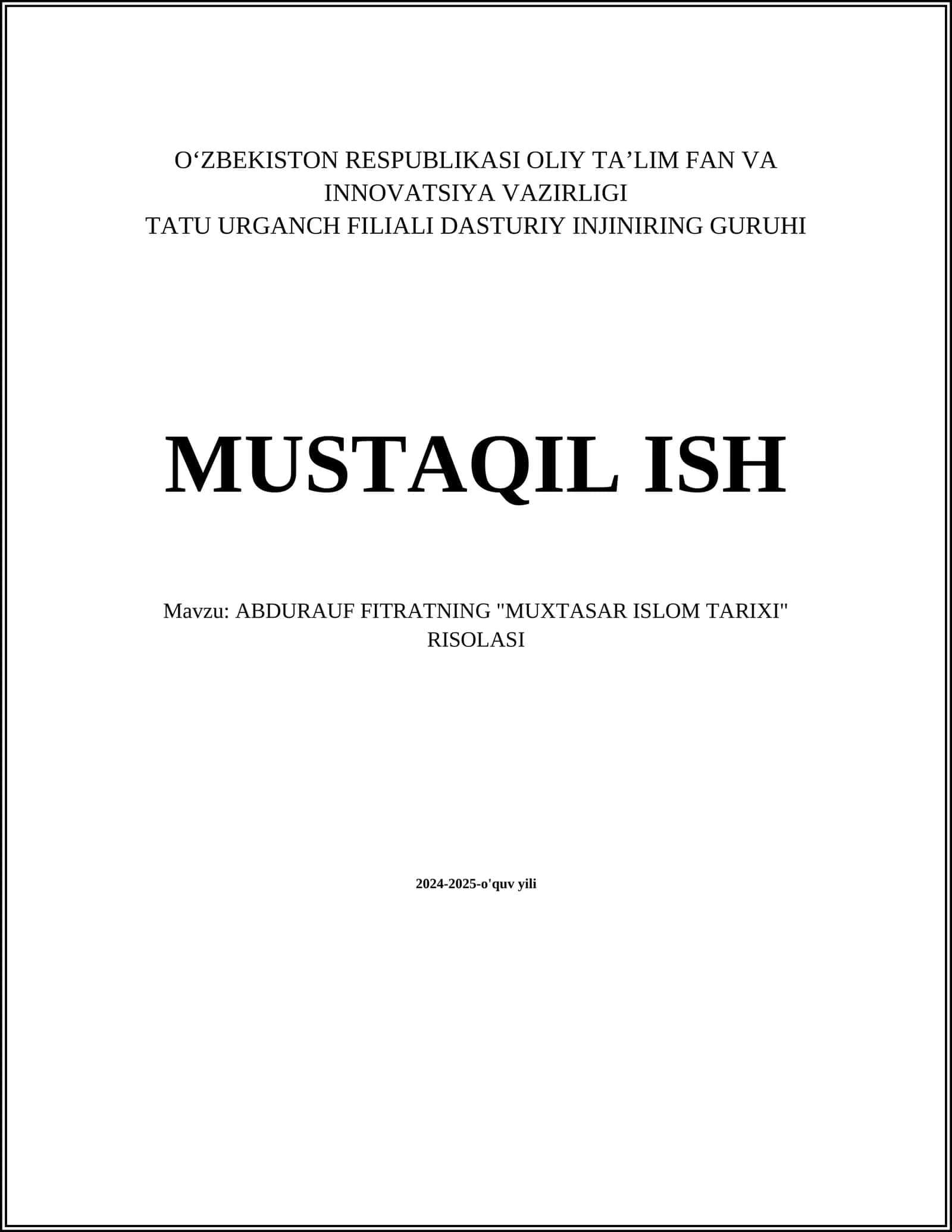 ABDURAUF FITRATNING "MUXTASAR ISLOM TARIXI" RISOLASI 1