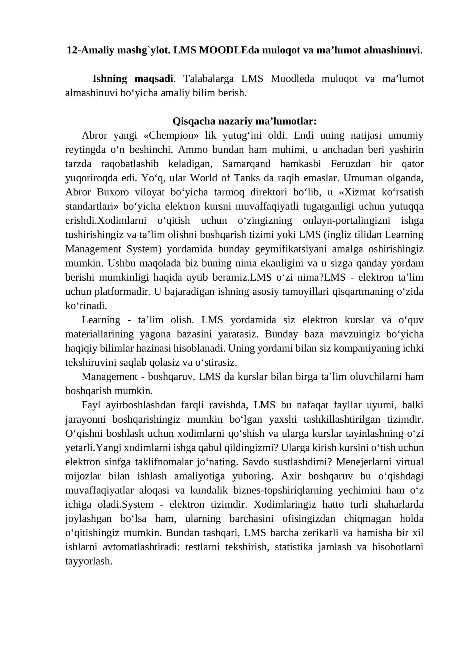 12-Amaliy mashg`ylot. LMS MOODLEda muloqot va ma’lumot almashinuvi 1