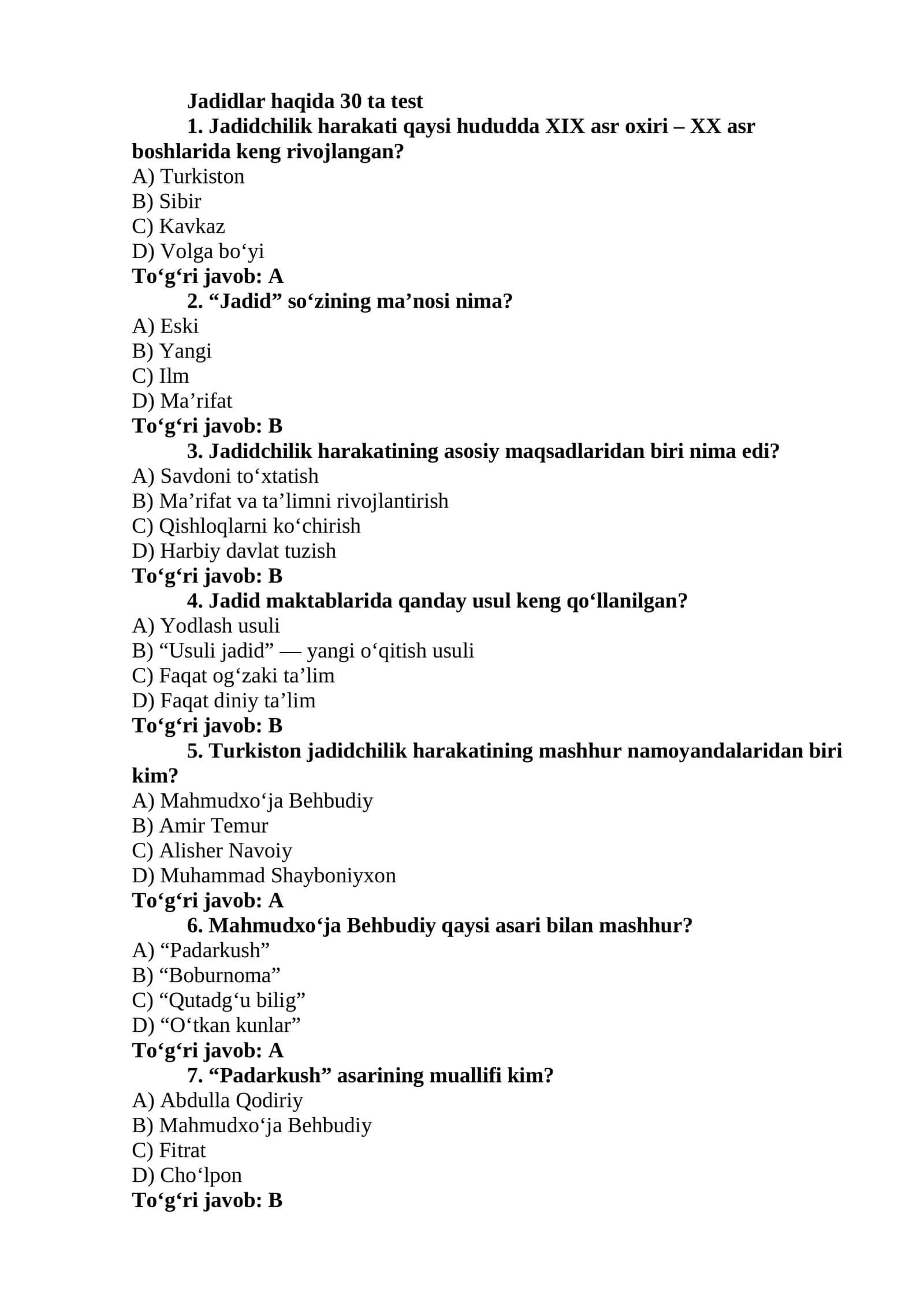 Jadidlar haqida 30 ta test 1