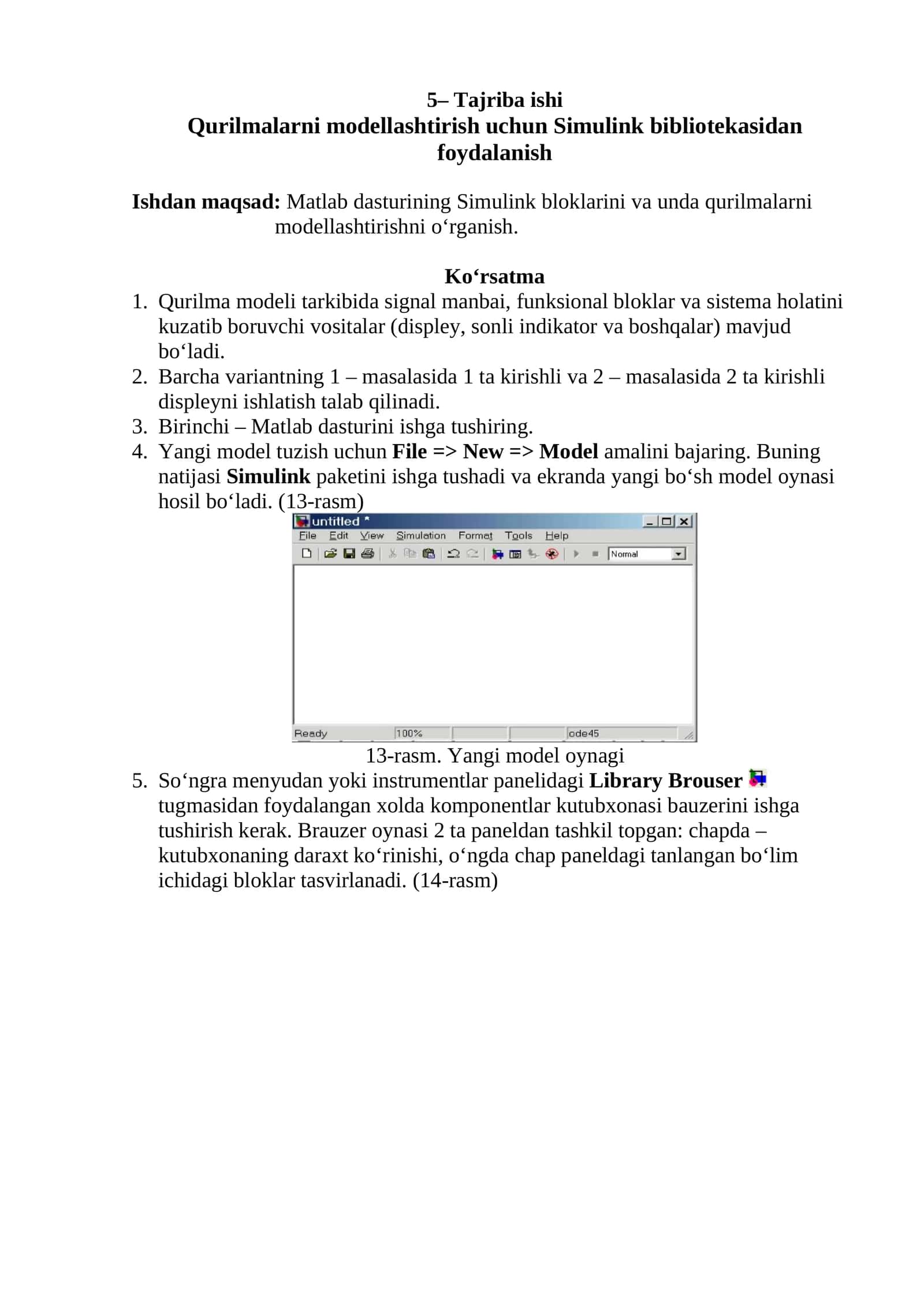 Qurilmаlаrni mоdеllаshtirish uchun Simulink bibliotekasidan foydalanish 1