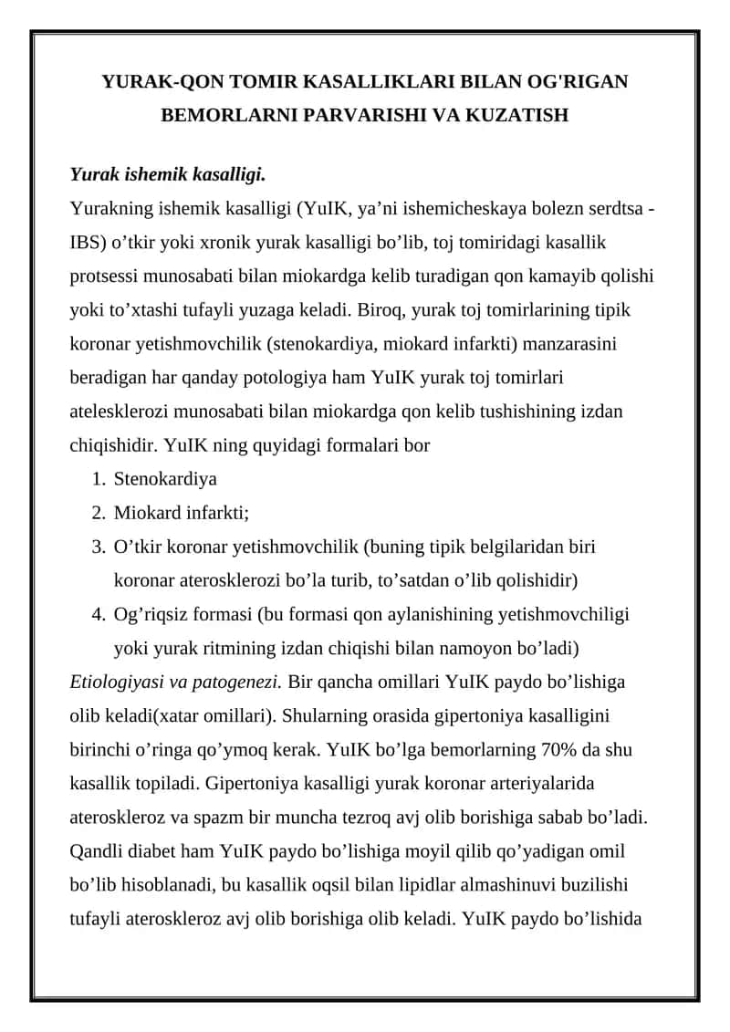 Yurak-Qon Tomir Kasalliklari Bilan Og'rigan Bemorlarni Parvarishi va Kuzatish 1