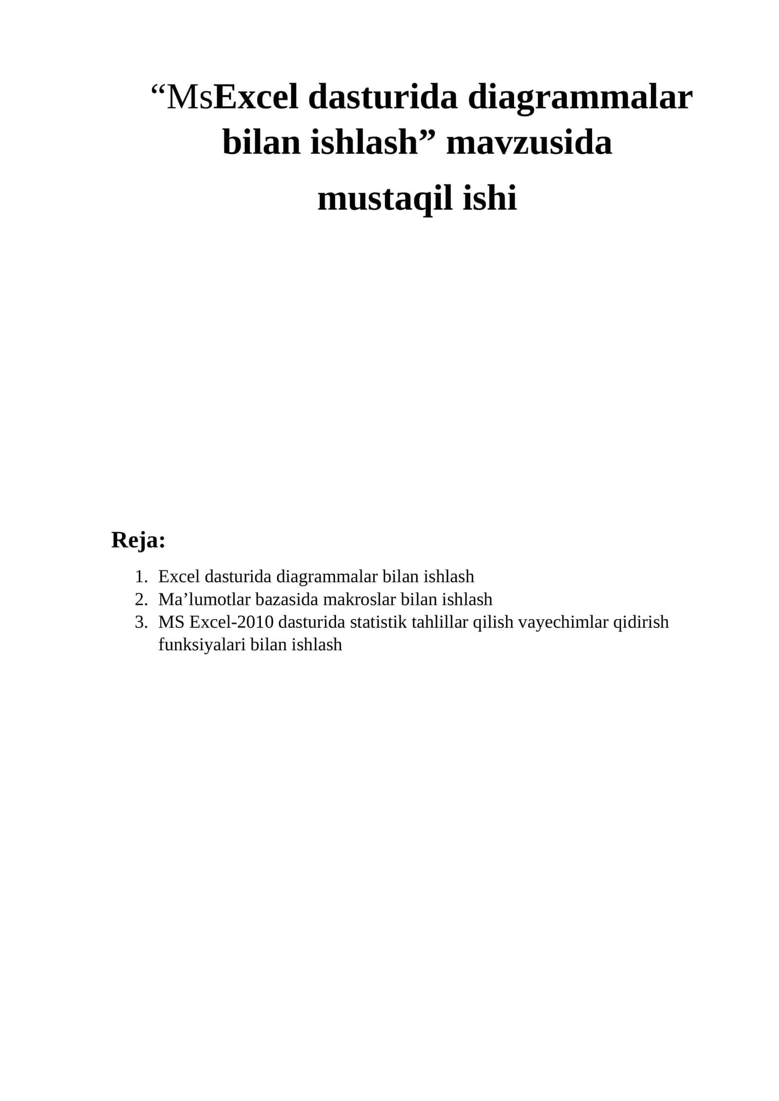 Excel dasturida diagrammalar bilan ishlash 1