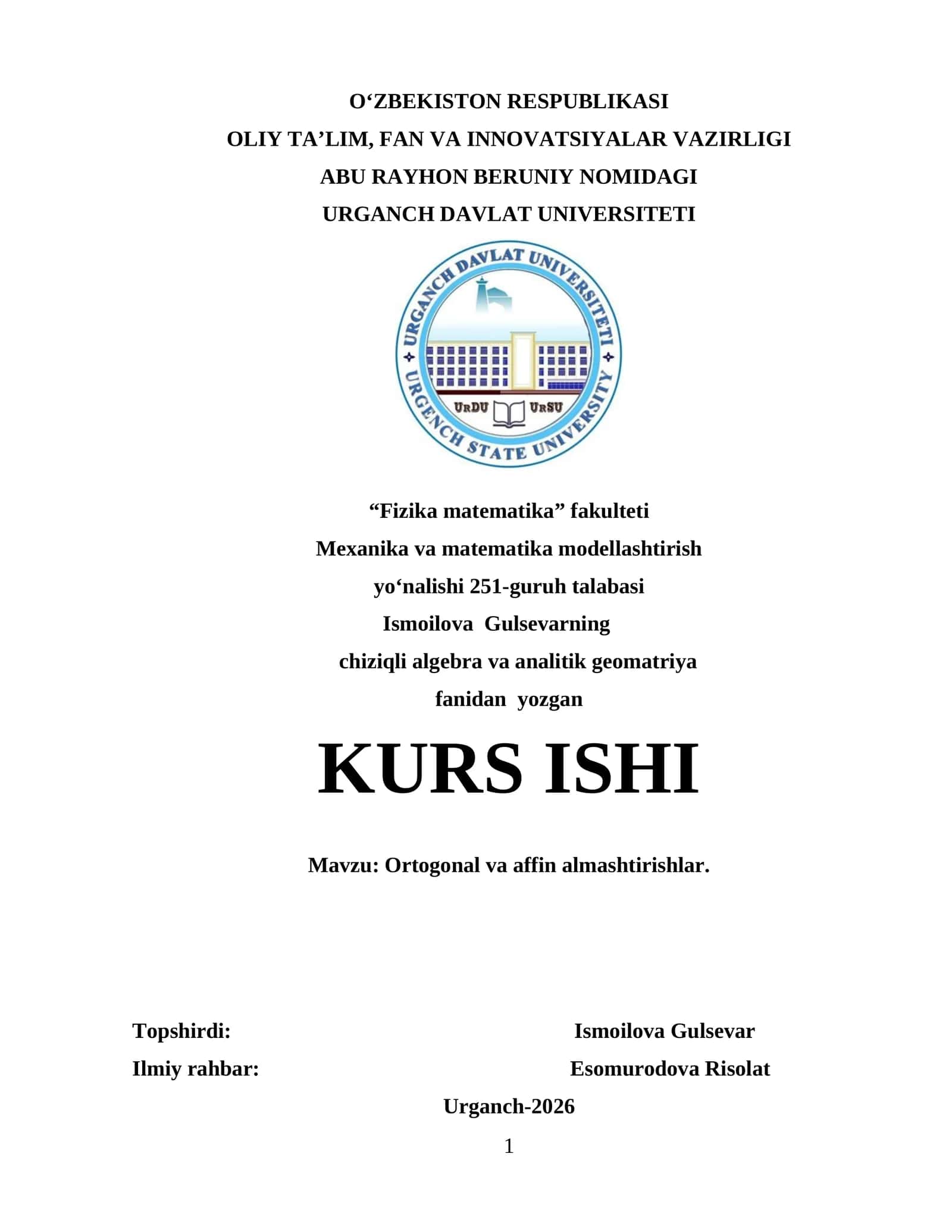 KURS ISHI: Ortogonal va affin almashtirishlar 1
