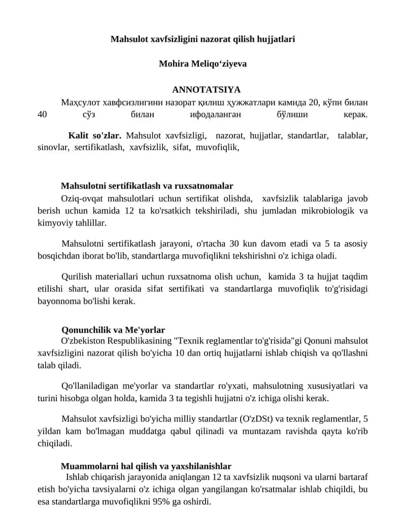 Mahsulot xavfsizligini nazorat qilish hujjatlari 1