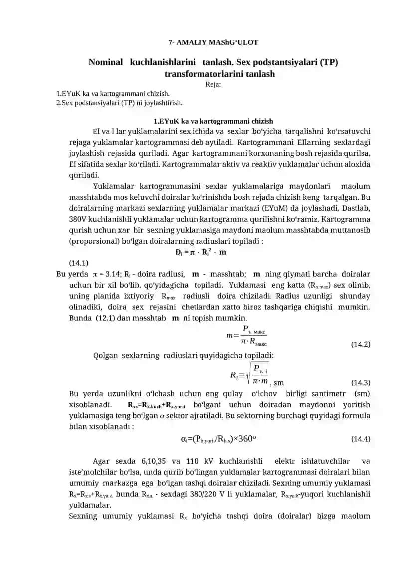 Sex podstantsiyalari (TP) transformatorlarini tanlash
