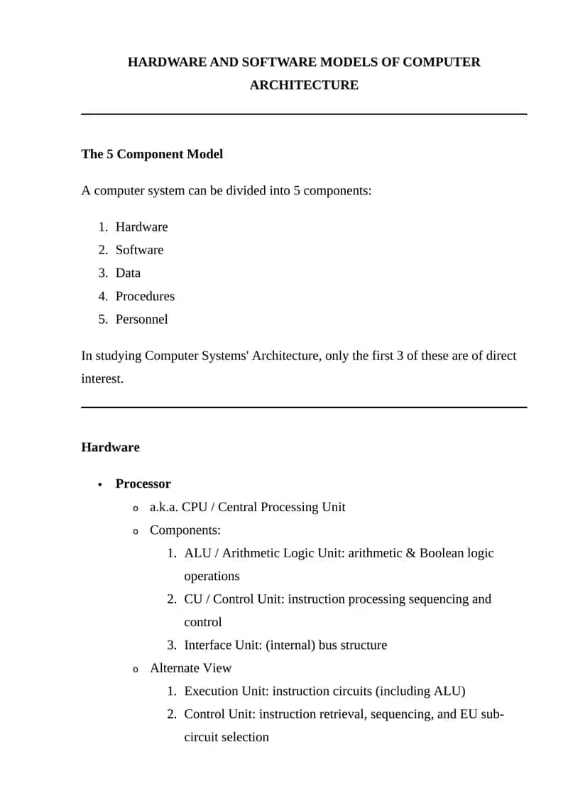 HARDWARE AND SOFTWARE MODELS OF COMPUTER ARCHITECTURE 1