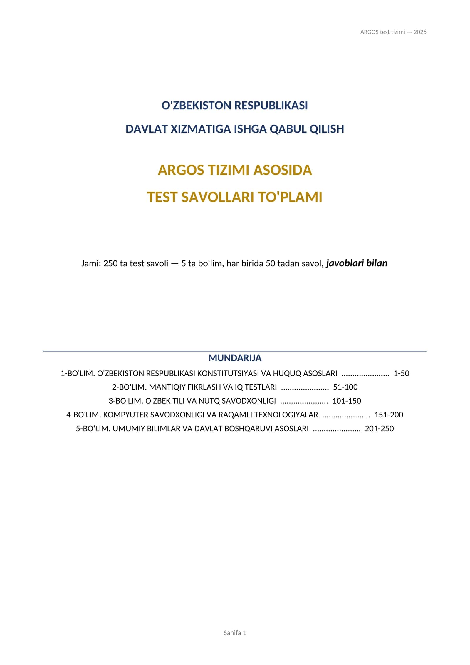 Argos test yangi javoblari bilan 5 ta bo'limdan 1