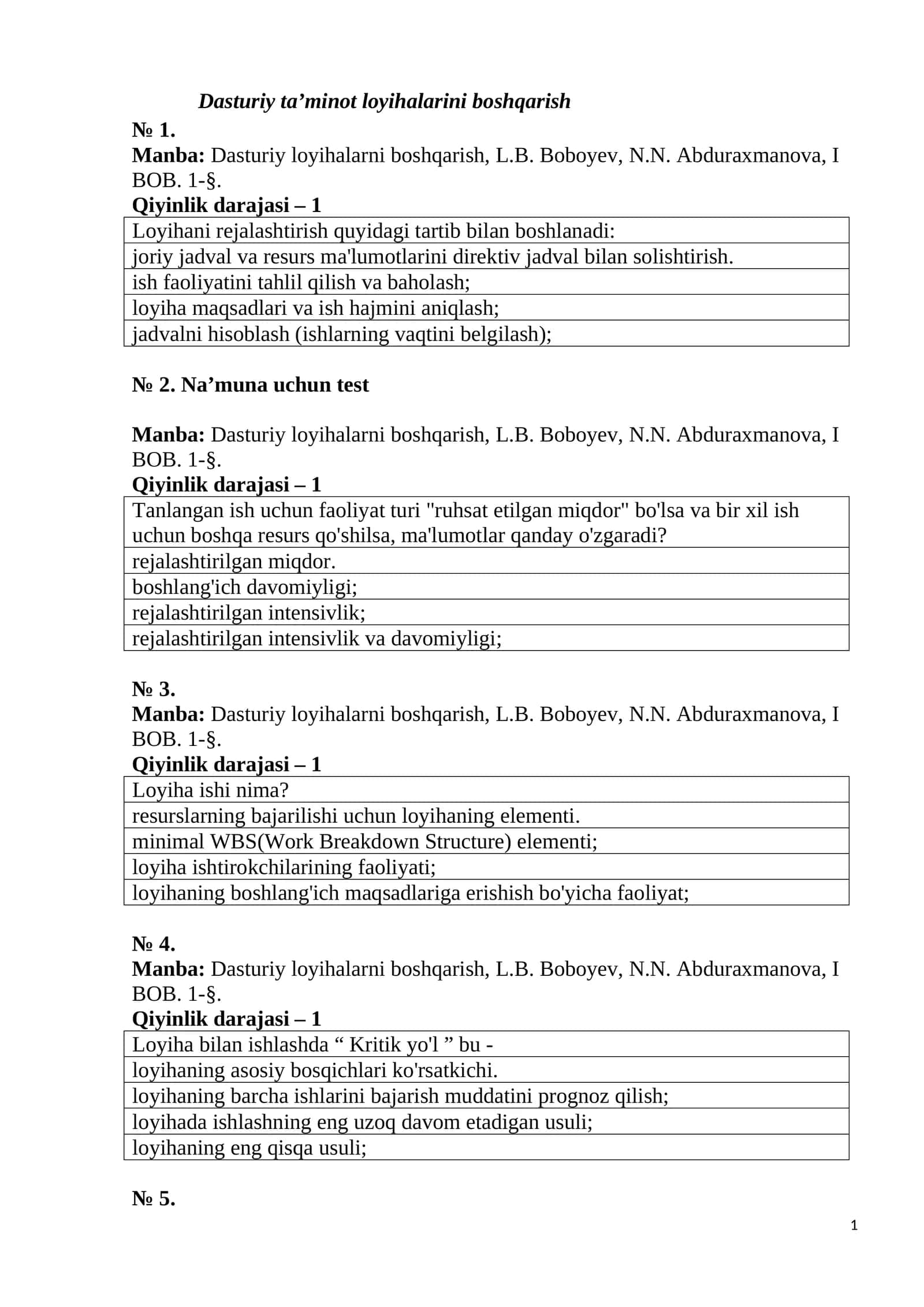 Dasturiy ta’minot loyihalarini boshqarish 1