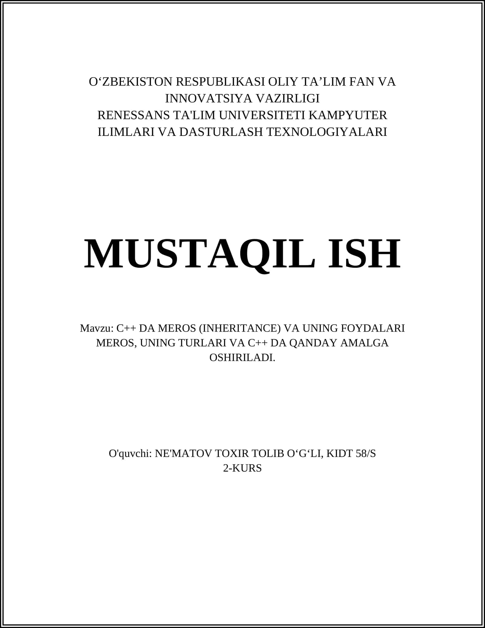 C++ DA MEROS (INHERITANCE) VA UNING FOYDALARI 1