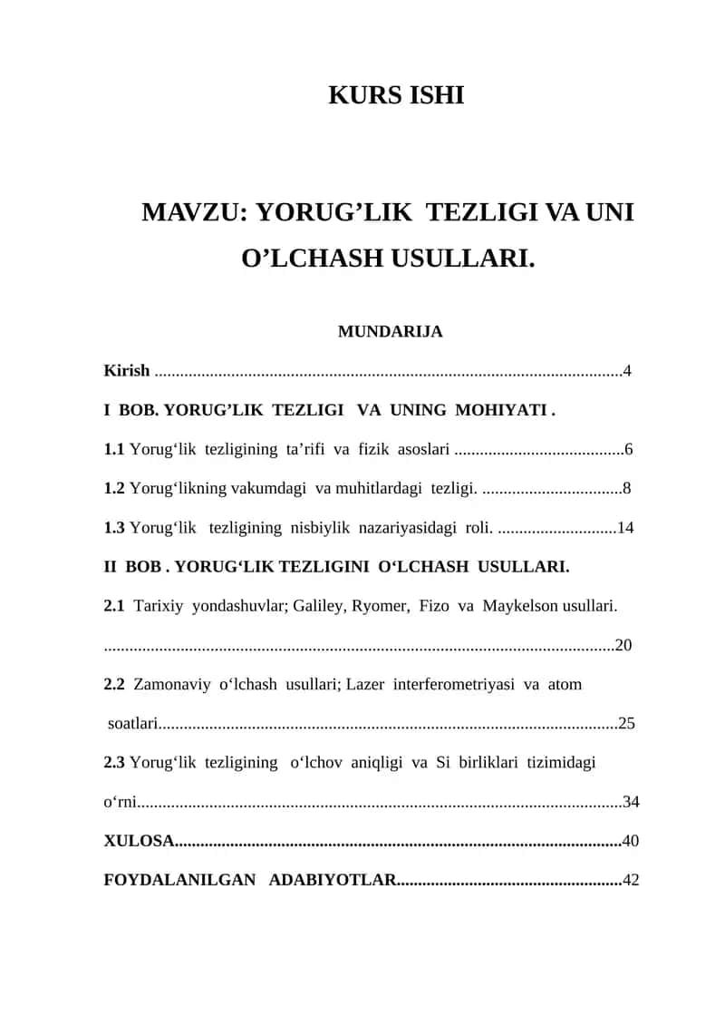 Yorug’lik Tezligi va Uni O’lchash Usullari 1