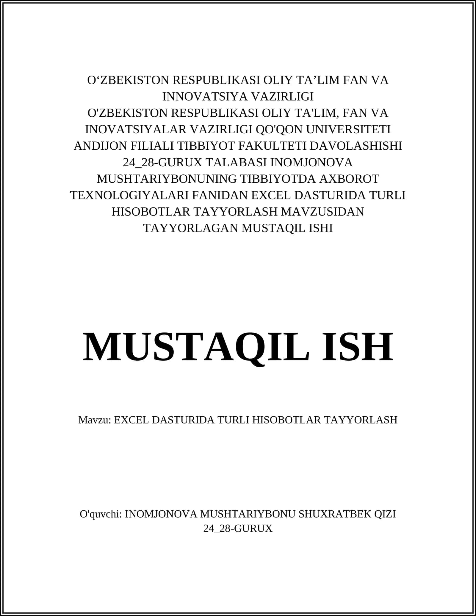 EXCEL DASTURIDA TURLI HISOBOTLAR TAYYORLASH 1