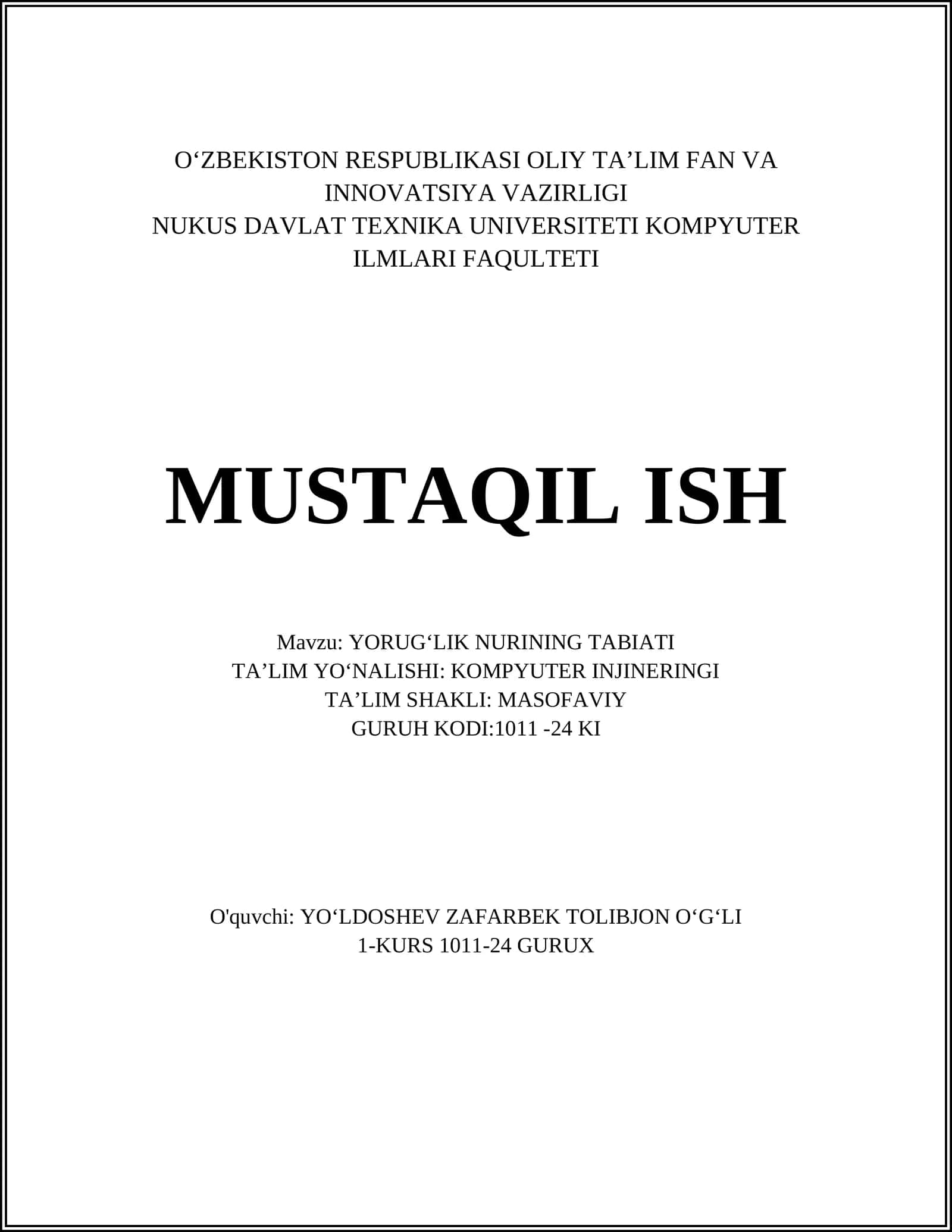 YORUGʻLIK NURINING TABIATI 1