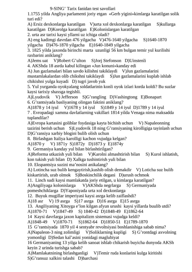 9-SING’ Tаriх fаnidаn tеst sаvоllаri 1