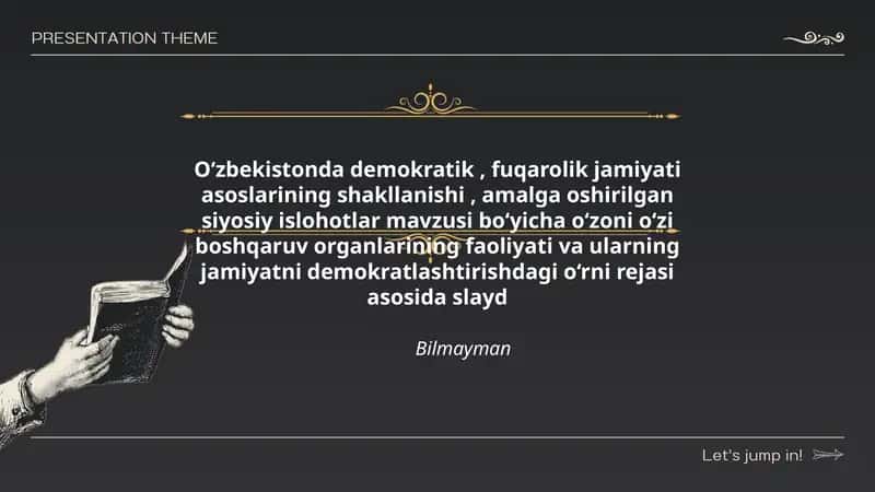 O‘zbekistonda demokratik, fuqarolik jamiyati asoslarining shakllanishi, amalga oshirilgan siyosiy islohotlar mavzusi bo‘yicha oʻzoni o‘zi boshqaruv organlarining faoliyati va ularning jamiyatni demokratlashtirishdagi o‘rni rejasi asosida slayd 1