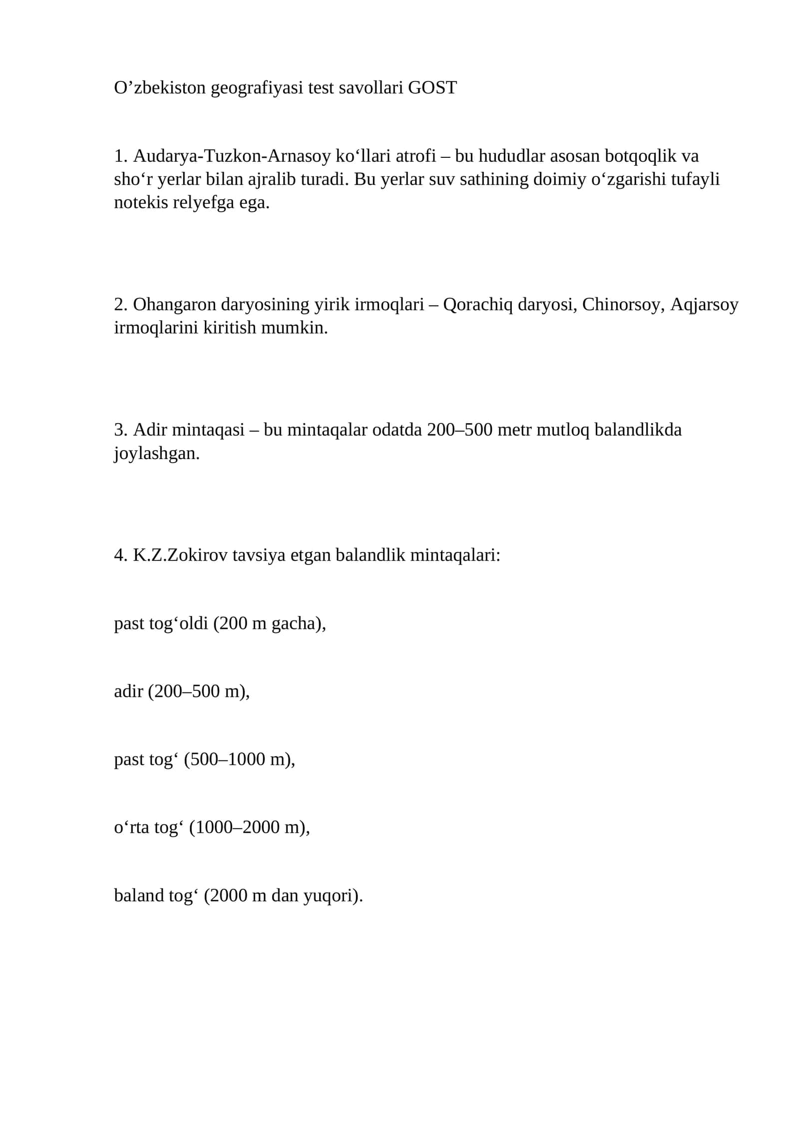 O’zbekiston geografiyasi test savollari GOST 1
